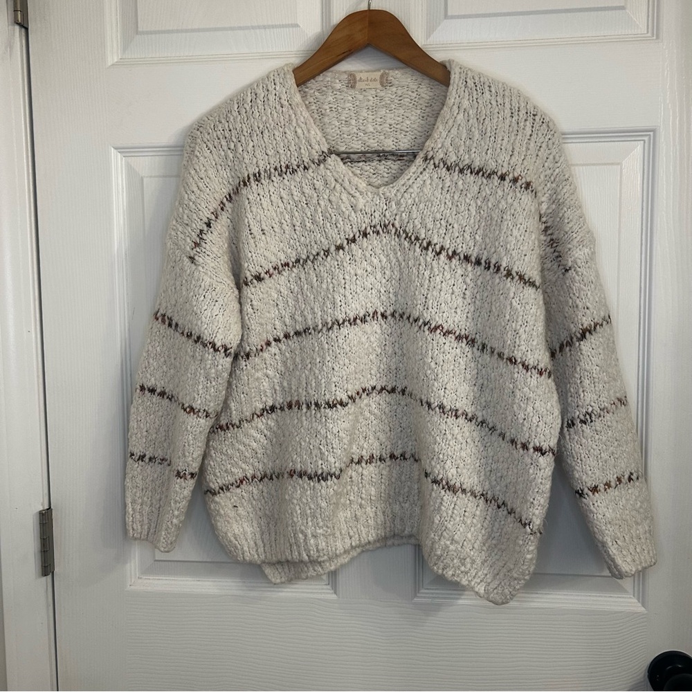 Altar'd State Textured Cream and Brown V-Neck Sweater
